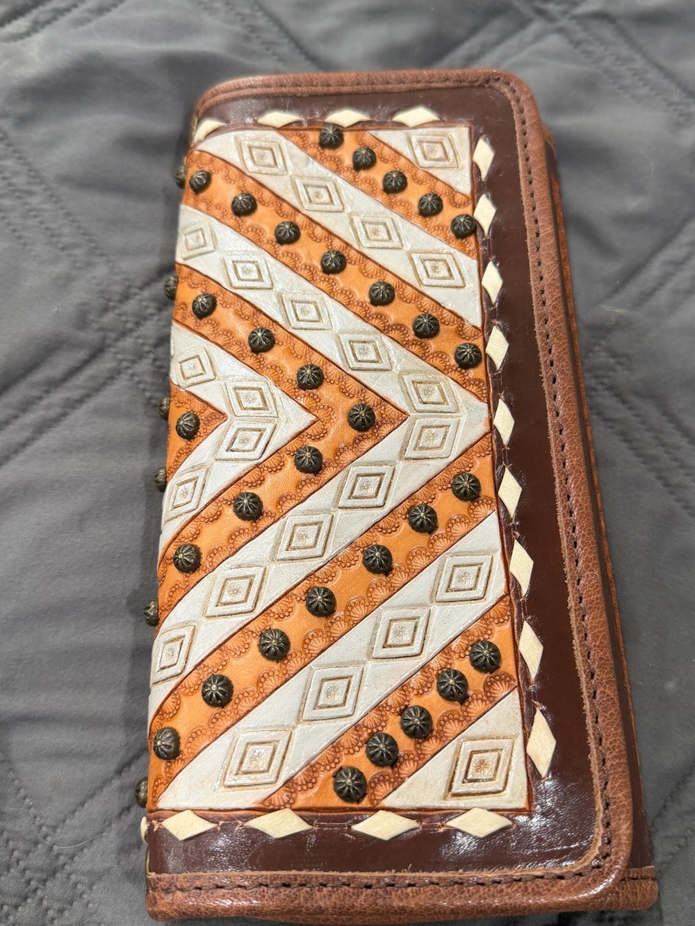 American Darling,Tooled Leather Wallet with Studded Chevron Design - Brown & Tan